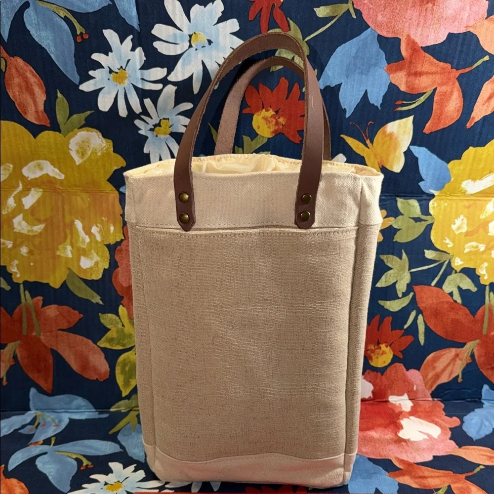 Legacy Natural Canvas Insulated Wine Tote with Brown Leather Handles